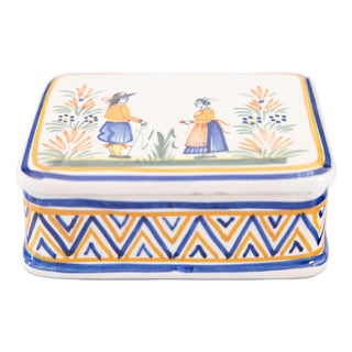 Antique French Faience Quimper Lidded Trinket Box For Sale