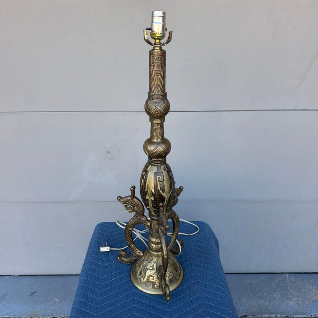 Mid 20th Century Chinese Archaistic Cast Brass Dragon Table Lamp - Attributed to James Mont For Sale - Image 18 of 18