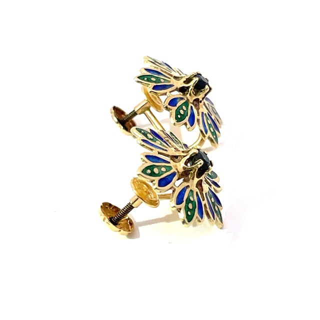 Vintage 14k Yellow Gold Blue Sapphire & Blue/Green Enamel Flower Earrings, Pair For Sale - Image 4 of 5