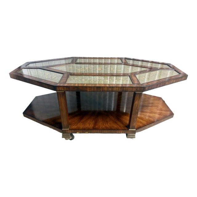 Vintage Euro Style Two-Tiered Octagonal Eglomisé Mahogany Cocktail / Coffee Table For Sale