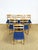 6 vintage scandinavian oak chairs dating from the sixties. oak structure and blue fabric seat. dimensions: h77.5 l45 d53 ha43