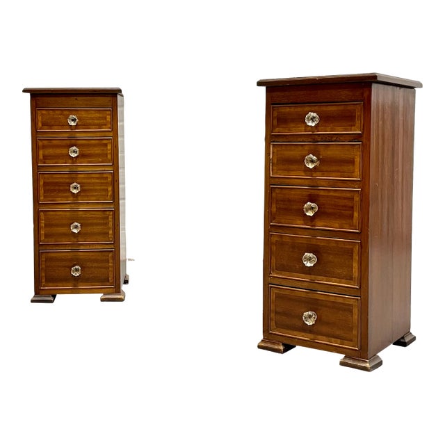 Pair of Federal Style Narrow Mahogany Dressers | 1920's Skinny Nightstands Glass Knobs For Sale