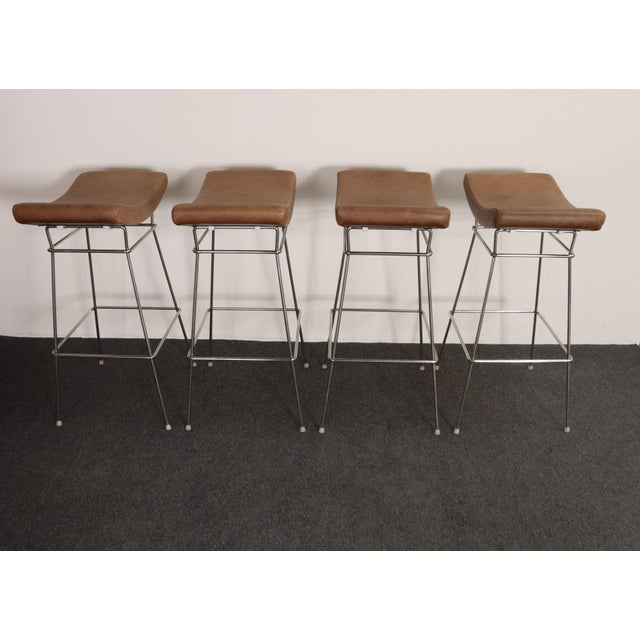 Set of Four Brazilian Leather and Stainless Steel Bar Stools by Fernando Jaeger For Sale - Image 4 of 18