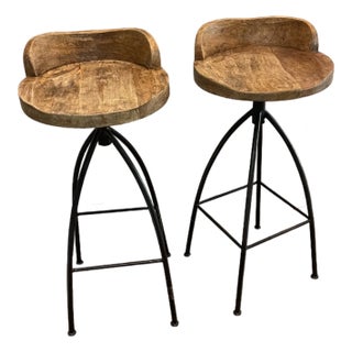 Restoration Hardware Set of 2 Reclaimed Wood & Metal Swival Bar Stools Carved Wood Seats With Black Metal Base For Sale