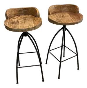 Set of 2 Rustic Wood & Metal Swival Bar Stools Carved Wood Seats With Black Metal Base