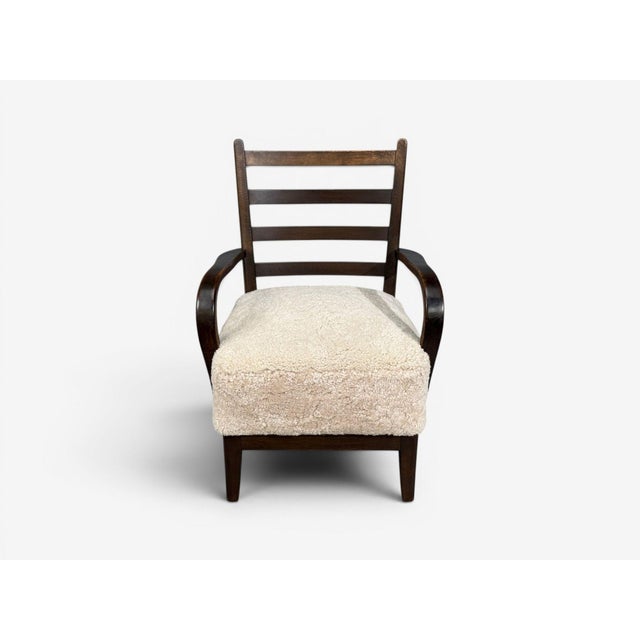 Brown German Modern, Lounge Chairs, Oak, Beige Shearling, Germany, 1940s For Sale - Image 8 of 13