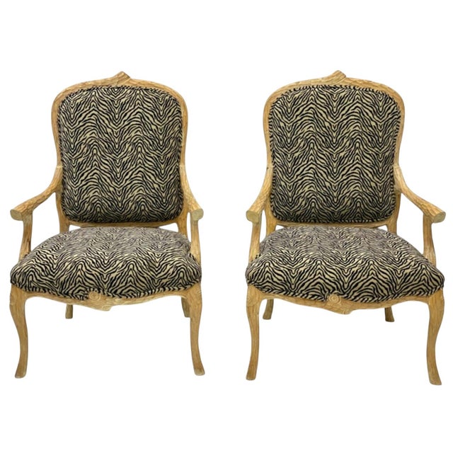 Wood Italian Carved Faux Bois Cerused Bergère Chairs in Zebra Fabric - Pair For Sale - Image 7 of 7