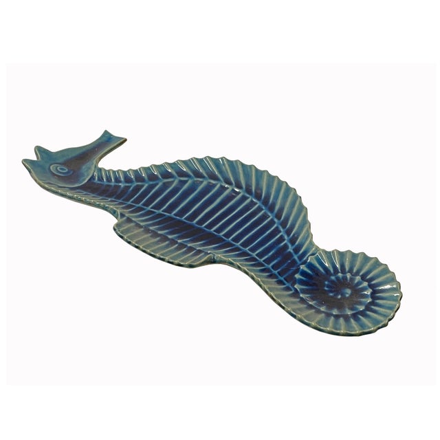 2000 - 2009 Artistic Blue Glaze Ceramic Decorative Seahorse Shape Display Plate For Sale - Image 5 of 5
