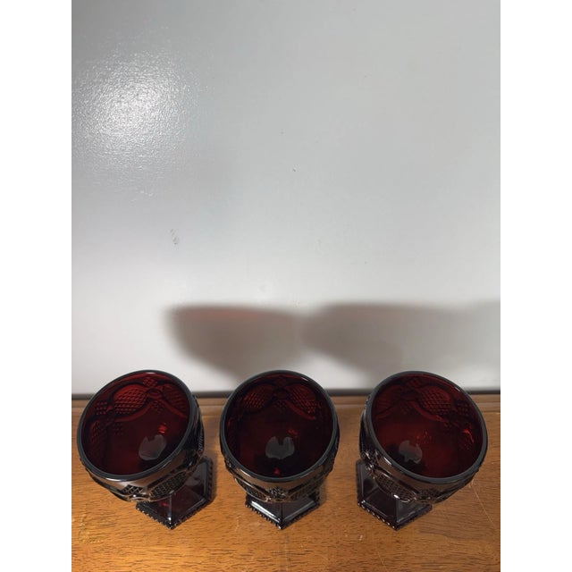 Glass Vintage Ruby Red Pressed Glass Goblets Diamond Pattern Pedestal Stemwar - Set of 3 For Sale - Image 7 of 18