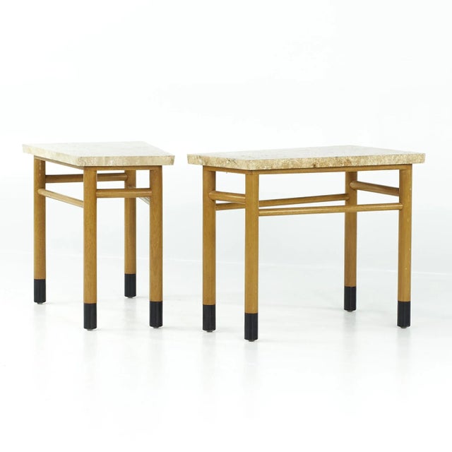 Mid-Century Modern Edward Wormley for Dunbar Mid Century Travertine Wedge Tables - Pair For Sale - Image 3 of 13
