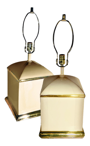 70s Chapman Hollywood Regency Style Cream & 14k Gold Square Shaped Lamps - a Pair