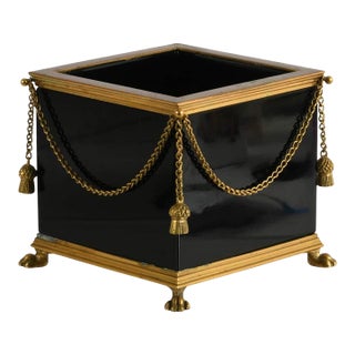 Neoclassical Brass & Black Opaline Glass Cache Pot With Tassel Swags For Sale