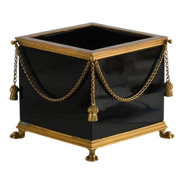 Neoclassical Brass & Black Opaline Glass Cache Pot With Tassel Swags For Sale