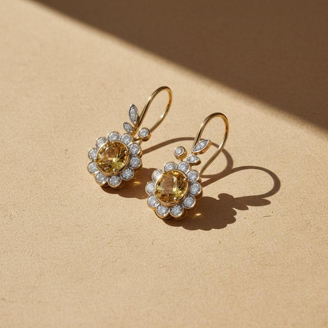 Art Nouveau Citrine Flower and Leaf Drop Earrings, Silver, Gold, Pair For Sale - Image 4 of 6