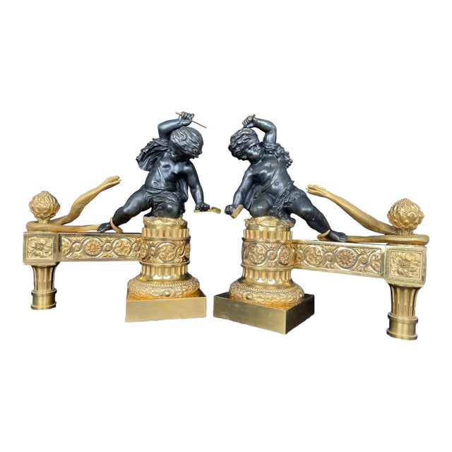 A Large Pair of Ormolu & Patinated Bronze Chenets by Henry Dasson For Sale