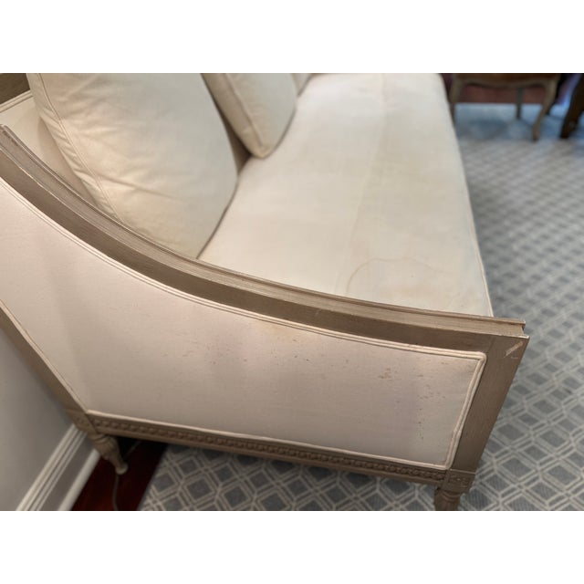 Wood Framed Sofa in White Linen For Sale - Image 4 of 8