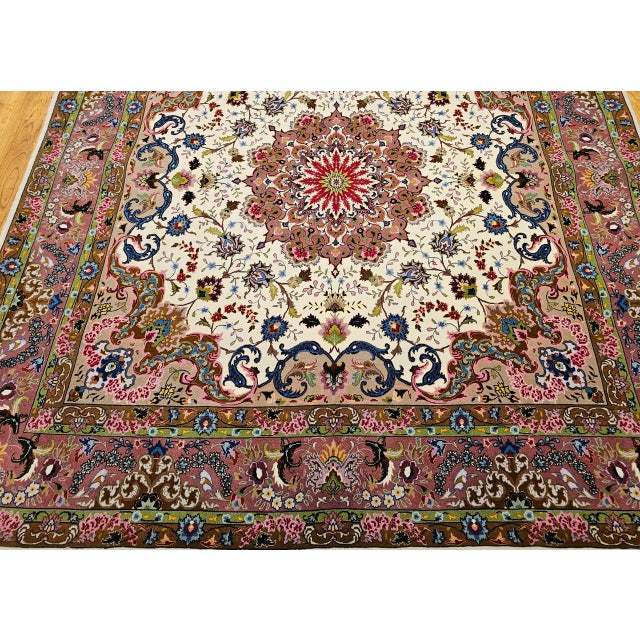 Vintage Persian Tabriz Square Area Rug, Hand-Knotted Wool & Silk, Fine Medallion Floral Pattern, Ivory & Pale Pink, 7x7 For Sale - Image 11 of 16
