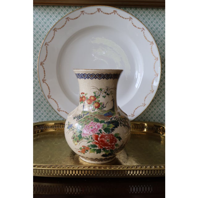 Japanese Vintage Japanese Chinoiserie Peacock & Peony Crackle Glaze Porcelain Vase by Andrea by Sadek — 9.5" For Sale - Image 3 of 18