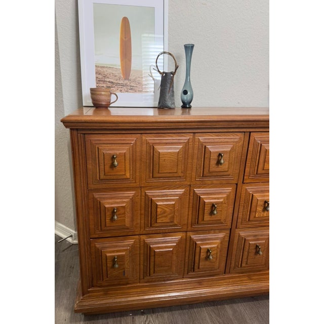 Wood Mid Century Modern Credenza Server Buffet Stanley Oak 9 Drawers Cabinet 1970s For Sale - Image 7 of 11