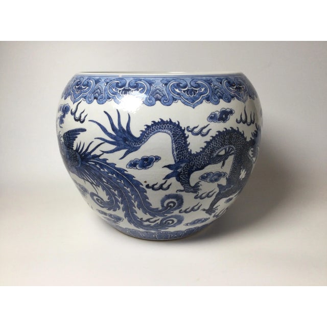 Chinese Early 20th Century Chinese Blue & White Porcelain Dragon & Phoenix Bird Jardinière Planter For Sale - Image 3 of 9