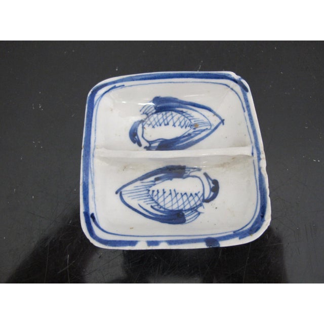 Ceramic Chinese Blue and White Porcelain Divided Sushi Condiment Sauce Dish Tray Pair For Sale - Image 7 of 11