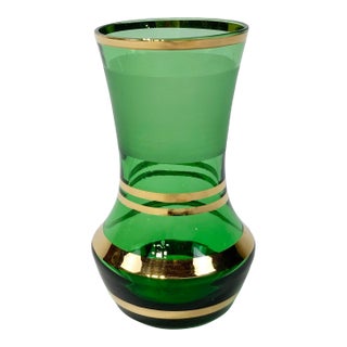 Vintage French Green and Gold Striped Glass Bud Vase For Sale