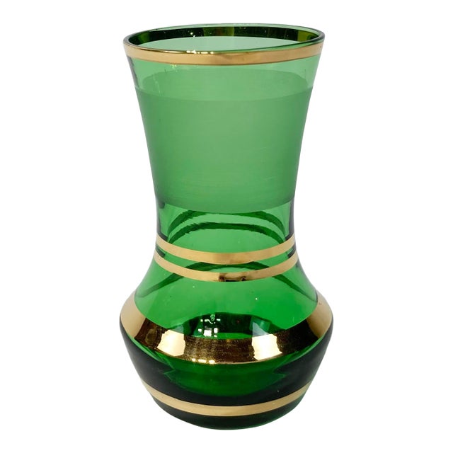 Vintage French Green and Gold Striped Glass Bud Vase For Sale