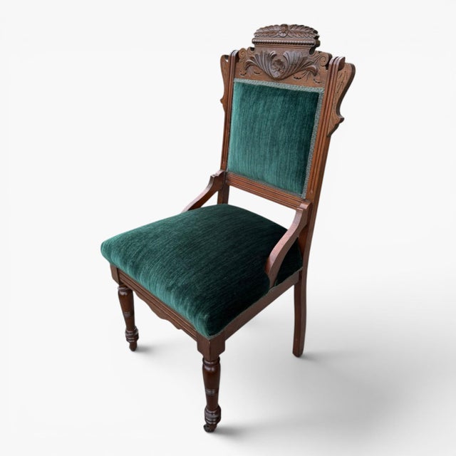 Antique 1880s Eastlake Chairs • Carved Victorian Pair • Green Velvet Upholstery For Sale - Image 11 of 12