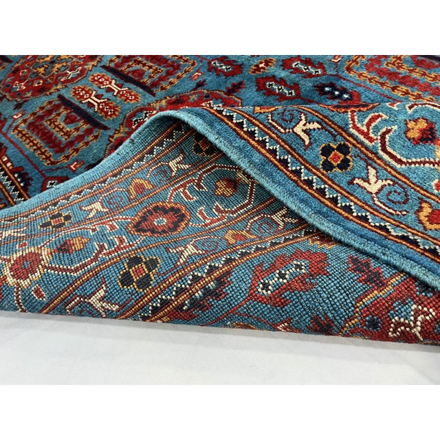 Turquoise Blue and Red Wool Area Rug, Tribal Geometric Medallion Design For Sale - Image 13 of 14