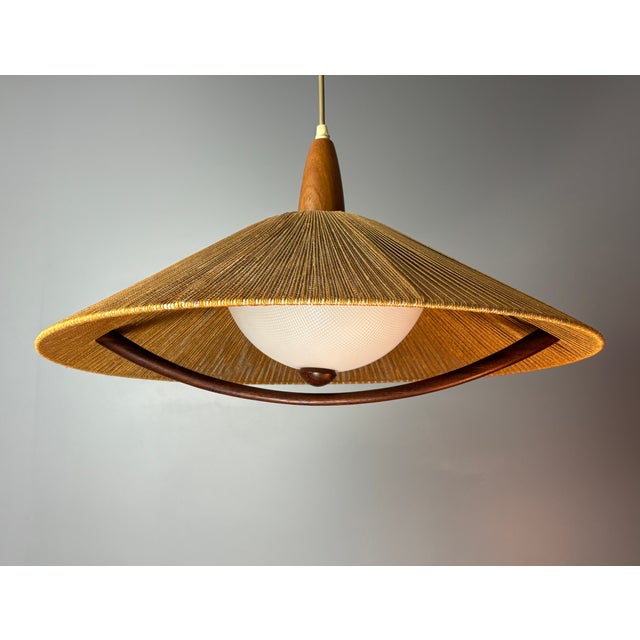 Large Mid-Century Teak and Sisal Cord Pendant from Temde Leuchten, 1960s For Sale - Image 4 of 14