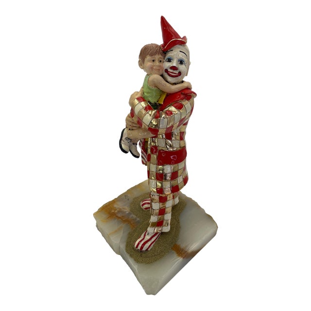 Ron Lee Child & Clown Sculpture on Onyx Base With 24k Gold Accents, Signed 1985 For Sale
