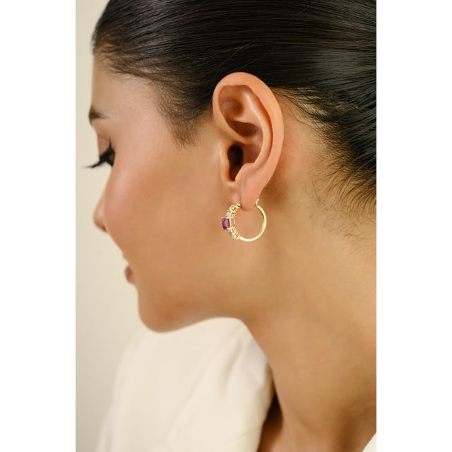 Ruby Red Pinkish Red 1.99Ct Square Cut Ruby & Diamond Hoop Earrings in 14k Yellow Gold- A Pair For Sale - Image 8 of 13