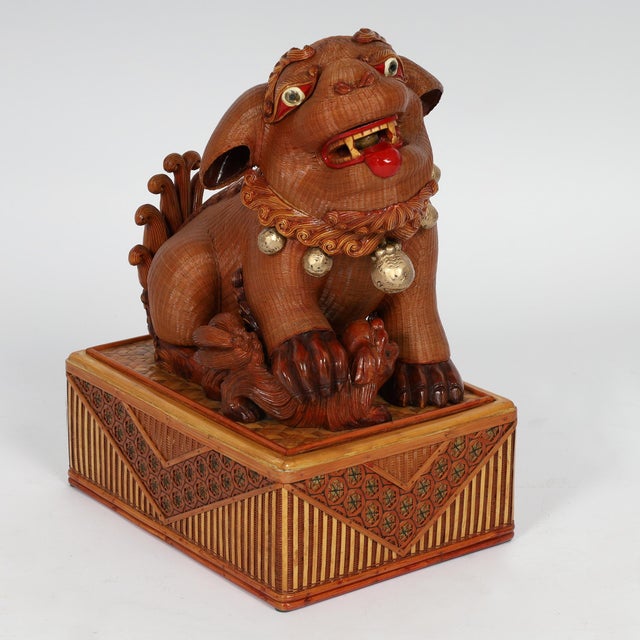 Brown Pair of Vintage Chinese Wicker Foo Dogs From the Shanghai Collection For Sale - Image 8 of 11