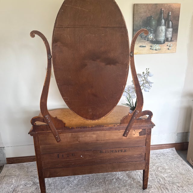 Antique 19th Century Birdseye Maple Serpentine Vanity Dresser With Beveled Pivoting Mirror For Sale - Image 4 of 10