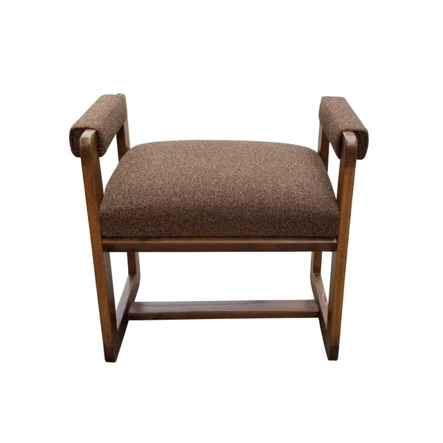 Vintage mid-century modern Scandinavian oak vanity bench / stool with arms. Seat and arms are covered in a brown wool...