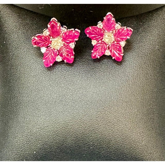 Tutti Frutti Earrings Natural Ruby Carved Leaves & Diamond Earrings in 18 KWG Tutti Frutti Earrings/ Natural Ruby...