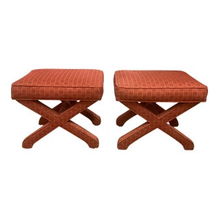 Mid-Century Fabric Covered X Base Stools in the Manner of Karl Springer - a Pair For Sale