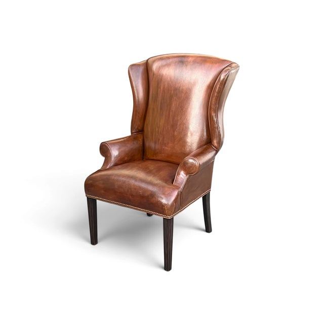 1990s Pair of Vintage Cognac Leather Wingback Chairs With Louis XVI–Style Fluted Legs For Sale - Image 5 of 11