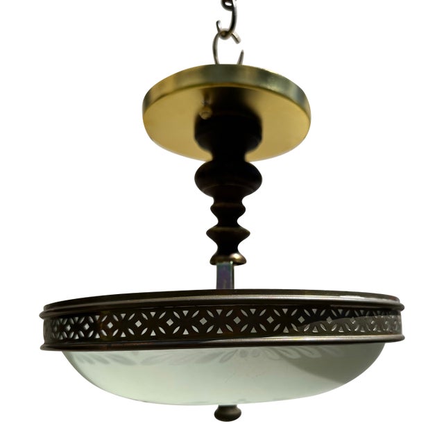 Vintage Flush Mount Fixture With Vintage Glass Shade For Sale