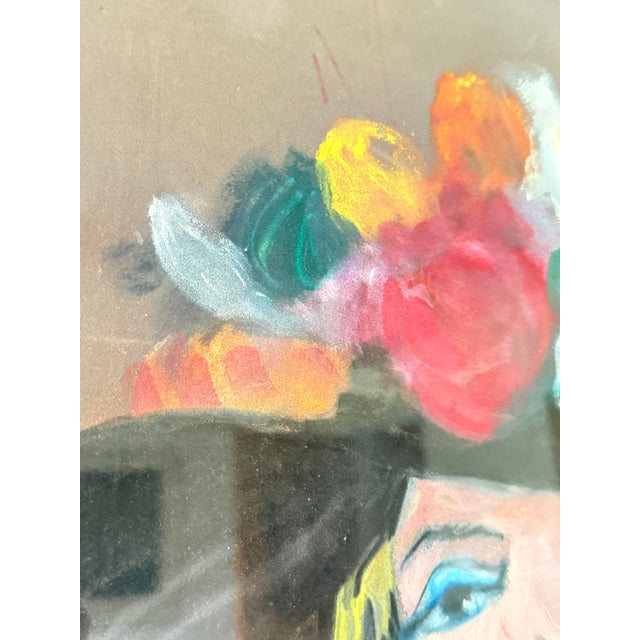 1980s Intage Fashion Illustration Style Pastel Portrait of Woman in Black Hat, 1980s For Sale - Image 5 of 9