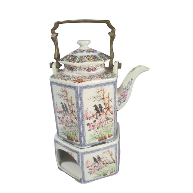 Vintage Japanese Hand Painted Floral, Birds Teapot Brass Handle on Warmer Stand For Sale - Image 11 of 11