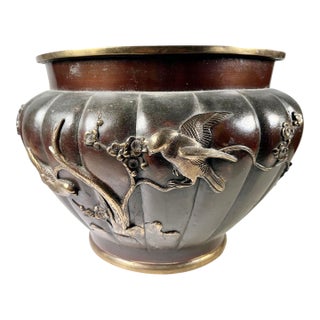 19th Century Chinese Bronze Jardinière With Birds and Floral Relief For Sale