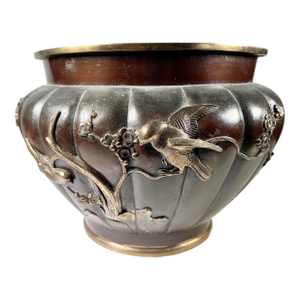 19th Century Chinese Bronze Jardinière With Birds and Floral Relief