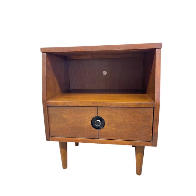 Black 1960s Pair of Vintage Mid-Century Nightstands - Open Shelf & Drawer, Atomic Round Pulls For Sale - Image 8 of 9