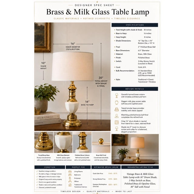 Mid-Century Modern Vintage Brass & Milk Glass Table Lamp | Polished Brass Column With New 16” Drum Shade For Sale - Image 3 of 3