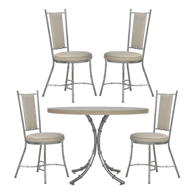 Vintage Hollywood Regency Chrome Metal Faux Bamboo Dining Kitchen Set - 5 Pc Set For Sale