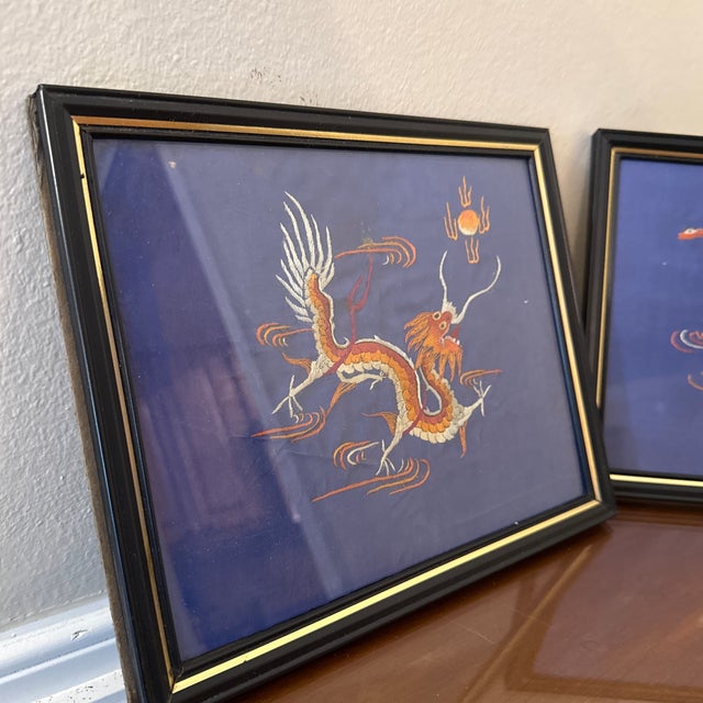 Mid 20th Century Asian Silk Dragon & Phoenix Embroidery ~ a Pair For Sale In Atlanta - Image 6 of 11