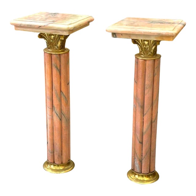 Rococo Style Pink Pedestal Column Set – Marble Top Gold Leaf For Sale