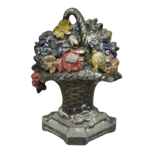 Antique Victorian Cast Iron Small Painted Floral Bouquet Basket Door Stop