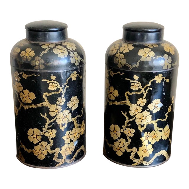 Antique Black Gold Chinoiserie Tole Tea Canisters a Pair Chairish